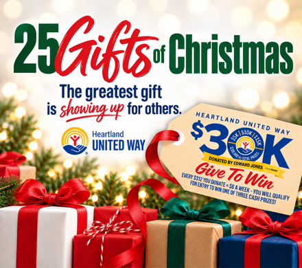 Presents with the words 25 Gifts of Christmas. The greatest gift is showing up for others.