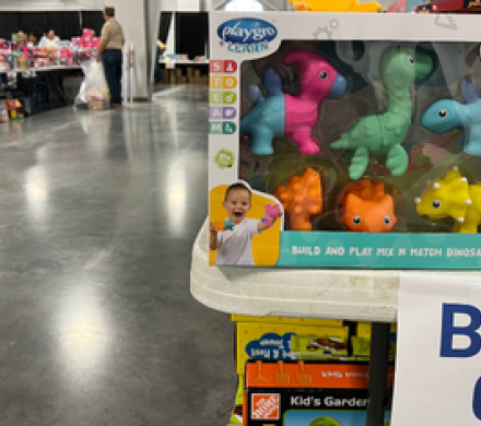 Toys wait on tables for shoppers during the 2024 Heartland United Way Toy Drive and Toys for Tots Distribution