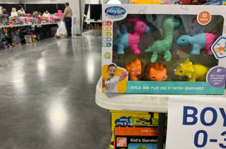 Toys wait on tables for shoppers during the 2024 Heartland United Way Toy Drive and Toys for Tots Distribution